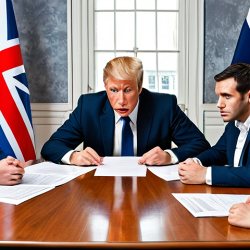 Home 4 **
Negotiation table with a diverse group of business people. One person looks confused while looking at a contract with complicated language. Background includes flags of the USA and UK, suggesting an international business deal. Emphasize miscommunication and the importance of language skills.
**