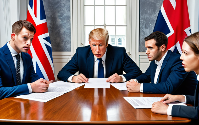 **
Negotiation table with a diverse group of business people. One person looks confused while looking at a contract with complicated language. Background includes flags of the USA and UK, suggesting an international business deal. Emphasize miscommunication and the importance of language skills.
**