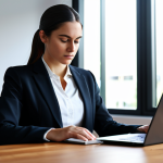 A focused professional businesswoman, fully clothed in a modest, dark professional business suit, sits attentively at a minimalist wooden desk in a modern, sunlit office. Her hands are resting naturally on a closed laptop, signifying a clear boundary at the end of a focused work block. The background shows a blurred, professional office environment with large windows. The scene conveys calm productivity and intentional time management. Perfect anatomy, correct proportions, well-formed hands, natural pose, professional dress, appropriate attire, safe for work, appropriate content, professional photography, high quality.