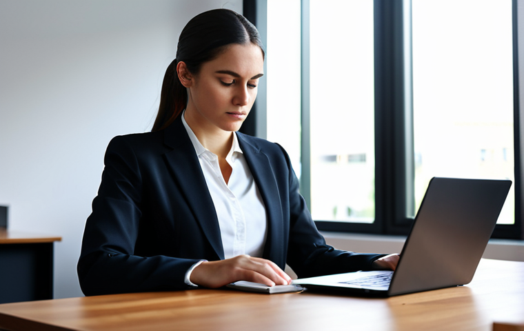 A focused professional businesswoman, fully clothed in a modest, dark professional business suit, sits attentively at a minimalist wooden desk in a modern, sunlit office. Her hands are resting naturally on a closed laptop, signifying a clear boundary at the end of a focused work block. The background shows a blurred, professional office environment with large windows. The scene conveys calm productivity and intentional time management. Perfect anatomy, correct proportions, well-formed hands, natural pose, professional dress, appropriate attire, safe for work, appropriate content, professional photography, high quality.