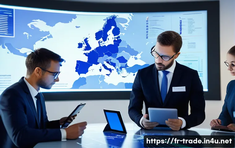 국제무역사 시험 준비를 위한 추천 학습 자료 - **Prompt 1: Deciphering Digital European Customs**
    "A diverse group of modern professionals, dre...
