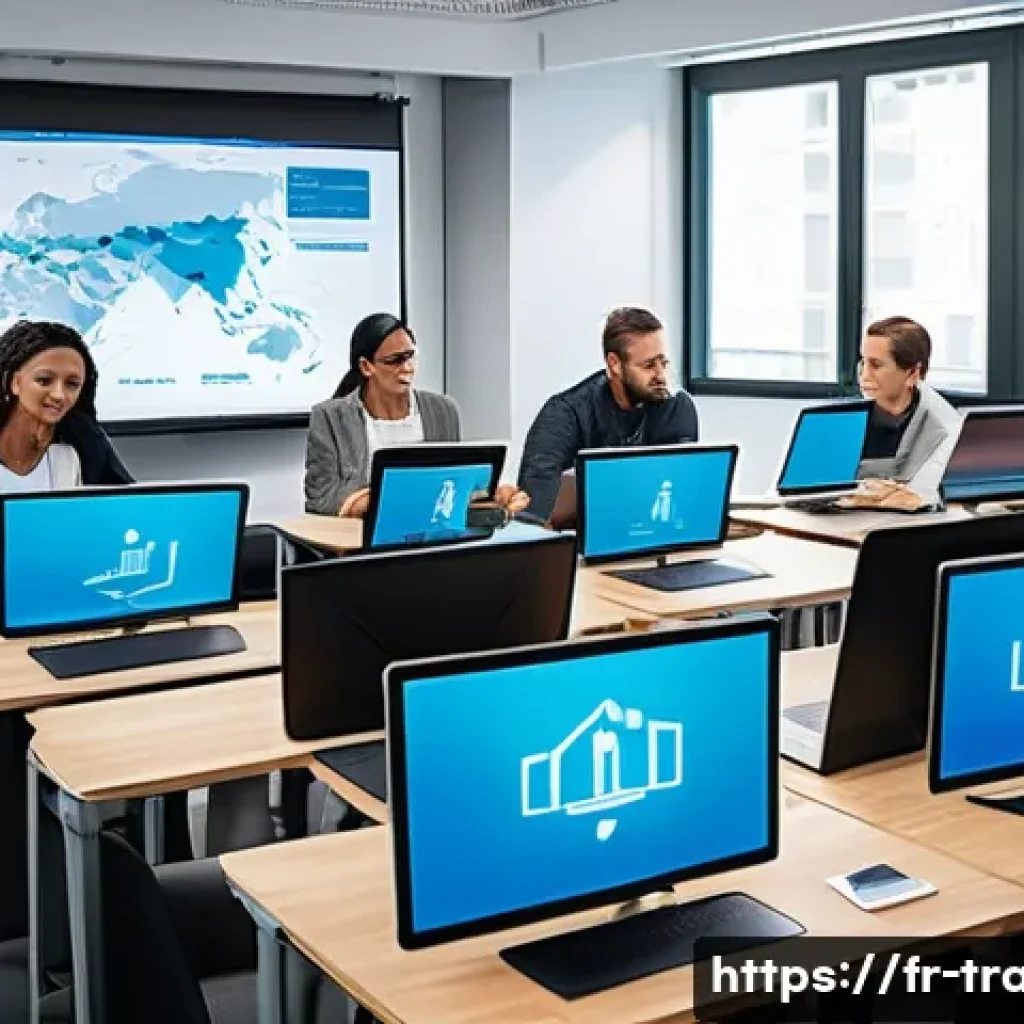 무역업계 자격증 전망 - A professional international trade certification training scene showing a diverse group of adult lea...