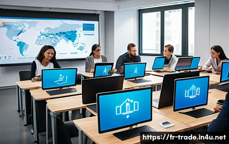 무역업계 자격증 전망 - A professional international trade certification training scene showing a diverse group of adult lea...