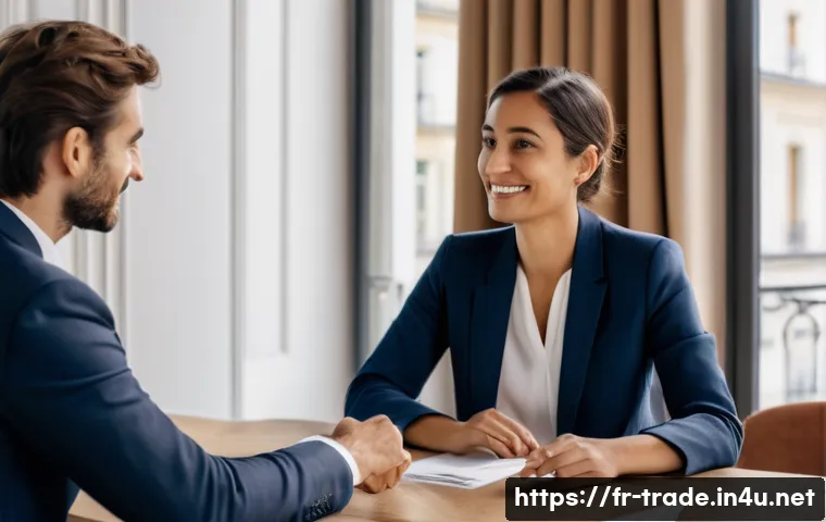 무역업계에서의 직무 분석 - Photorealistic editorial-style photograph of a trust-building export negotiation in a Paris SME meet...