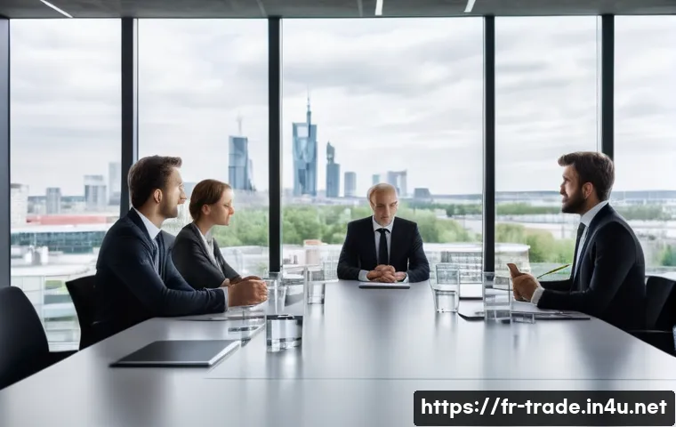 무역에서의 비즈니스 매너 - A professional business meeting scene set in a modern German office with diverse professionals dress...