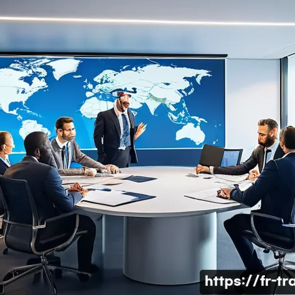 수출입 계약의 리스크 관리 방안 - A professional international business meeting scene in a modern office with diverse French-speaking ...