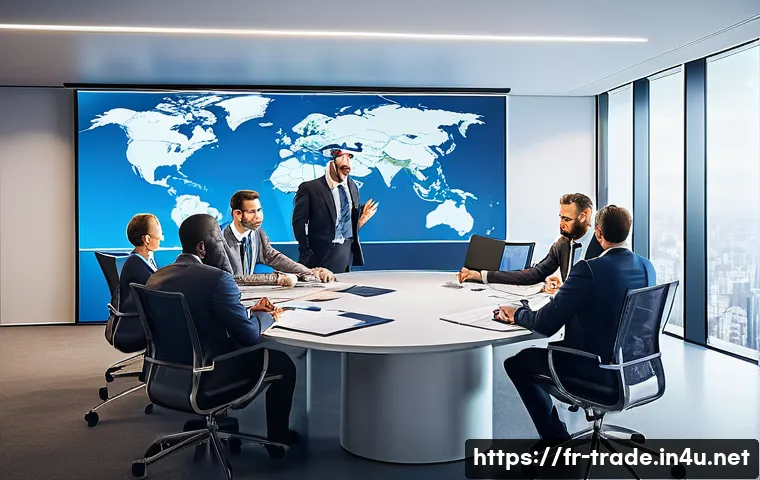 수출입 계약의 리스크 관리 방안 - A professional international business meeting scene in a modern office with diverse French-speaking ...