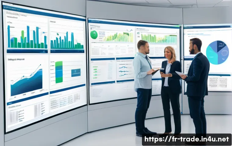 무역 실무에 필요한 소프트웨어 - A modern digital workspace scene showing a diverse team of professionals collaborating efficiently o...