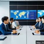 무역 실무 입문자를 위한 학습 가이드 - A detailed business meeting scene showing diverse international professionals negotiating trade agre...