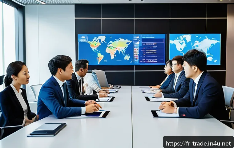 무역 실무 입문자를 위한 학습 가이드 - A detailed business meeting scene showing diverse international professionals negotiating trade agre...