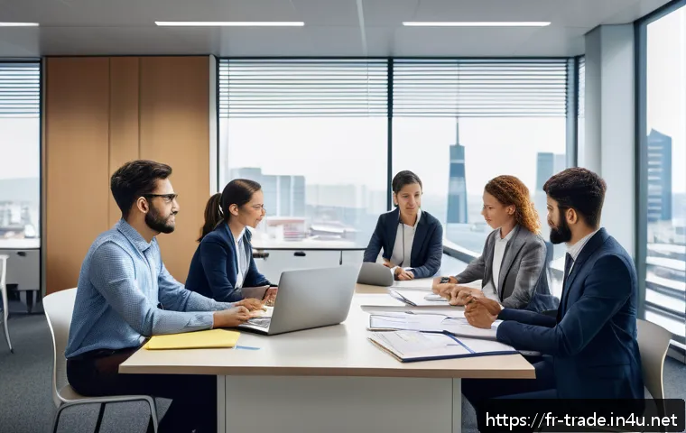 국제무역사 실기시험 유형 분석 - A modern office scene showing a diverse group of young professionals preparing for an international ...