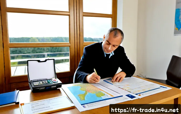 Home 17 국제무역사 시험 패턴 분석 - Photorealistic French international trade certification exam preparation scene, mature student at a ...