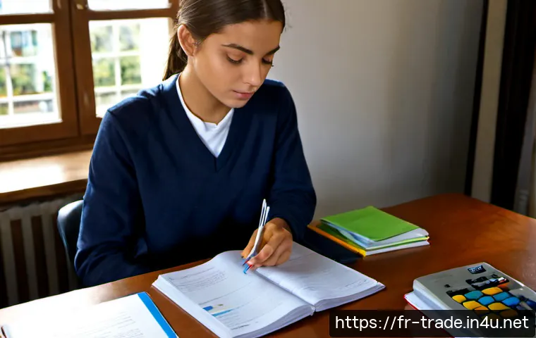 국제무역사 필기시험 준비 노하우 - Photorealistic French university student preparing for an international trade written examination at...